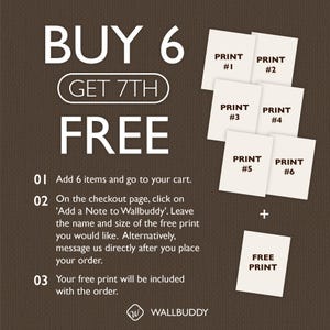 May include: A promotional graphic on a dark brown background featuring the text BUY 6 GET 7TH FREE. It displays six white rectangular prints labelled PRINT #1 through PRINT #6, plus a seventh white rectangle labelled FREE PRINT with a plus sign.