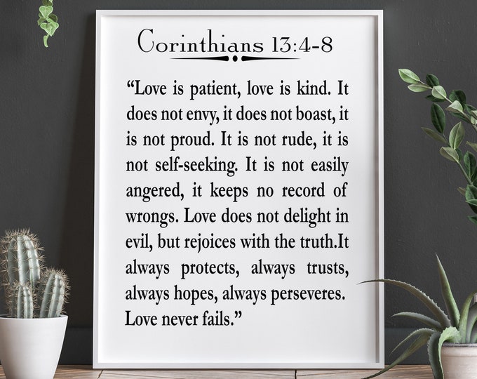 Wedding Reading Quote Wedding Quote Corinthians 13:4-8 Poster Bible Poster Bible Print St Paul Quote Wedding Quote Wedding Print Gift