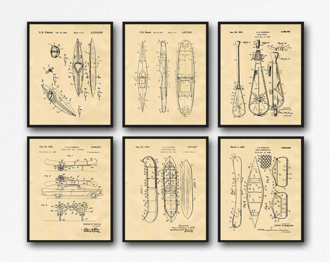 Kayak Posters Set of 6 Canoe Patent Prints Canoeist Gift WB504-509