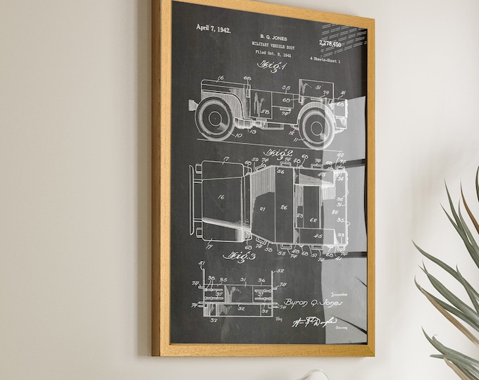 Rev up Your Decor: Willy's Jeep Patent Poster - Vintage WWII Military Wall Art - Ideal for Jeep Enthusiasts - Unique Military Decor - WB343