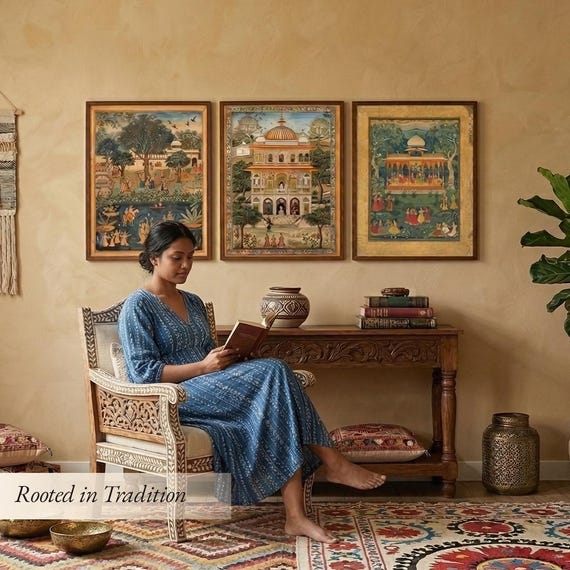 Indian Pichwai Art Print Set | Hindu Temple Cultural Heritage Wall Decor Ethnic Poster Trio