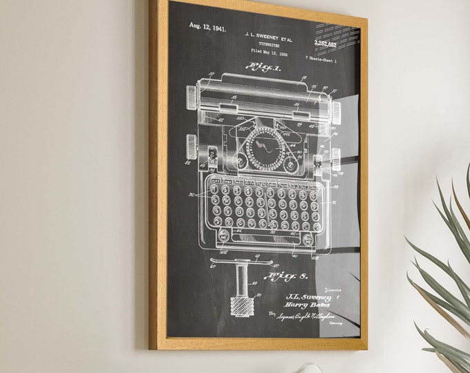 Invention of Typewriter Patent Posters and Prints - Retro Wall Art for Home Office - Ideal Writer's Gift & Home Office Decor - WB234