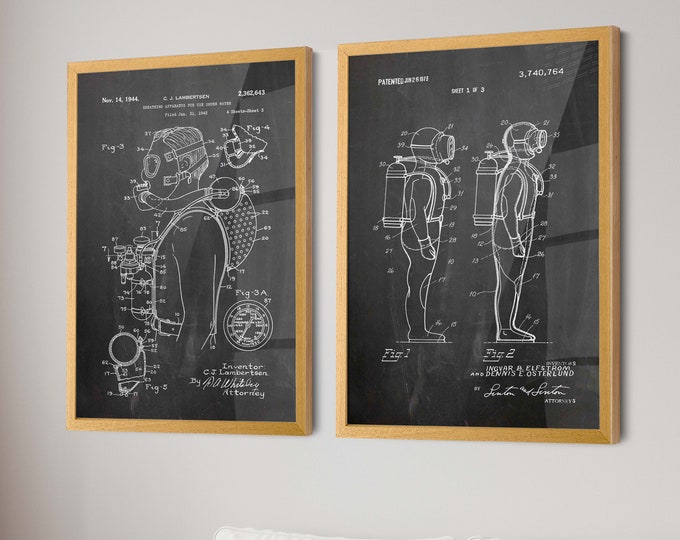 Dive into History: Scuba Diving Gear Patent Posters - Ideal Scuba Diving Gift and Decor for Ocean Enthusiasts - Set of 2 Prints - WB247