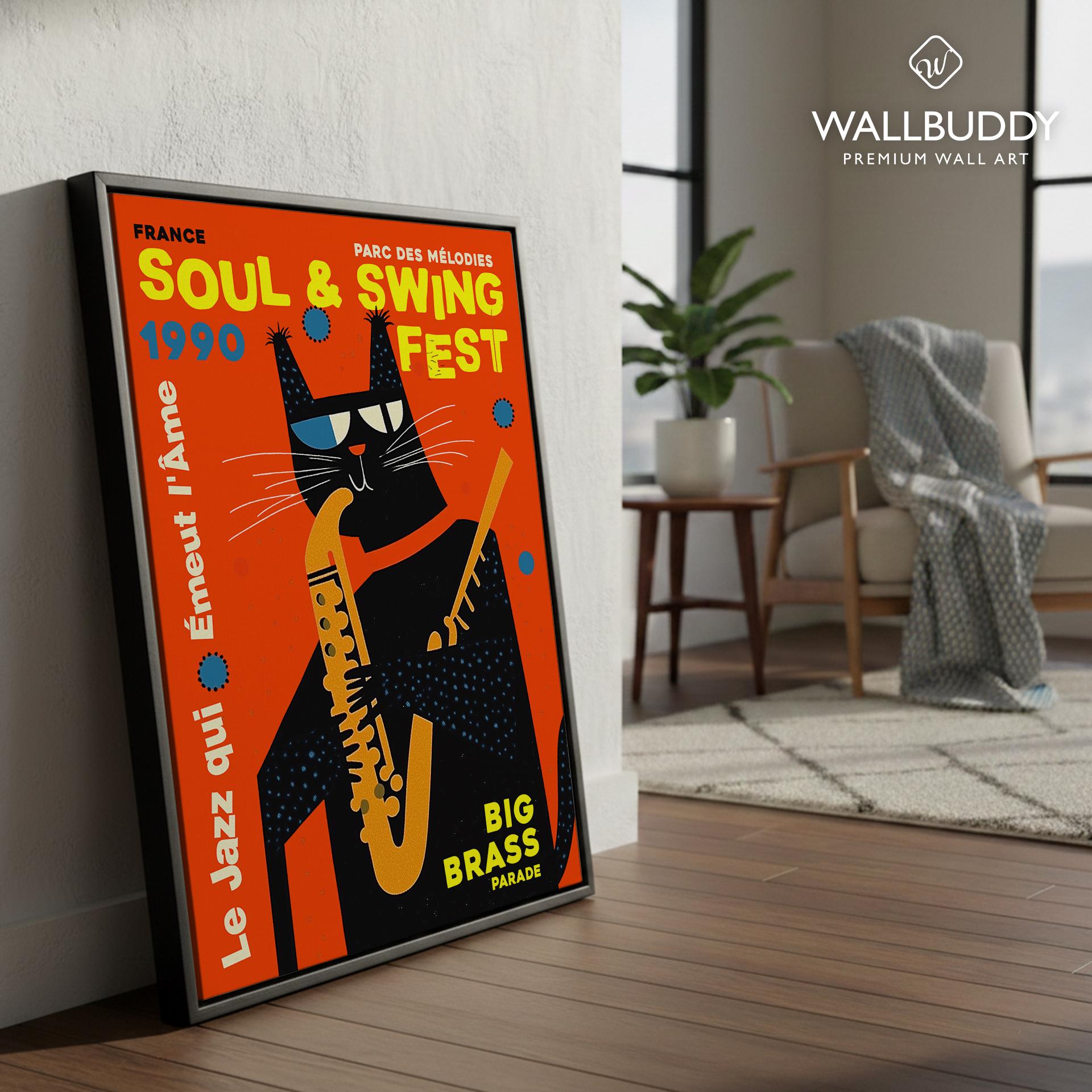 Jazz Cat Saxophone Poster, Retro Soul & Swing Festival Print