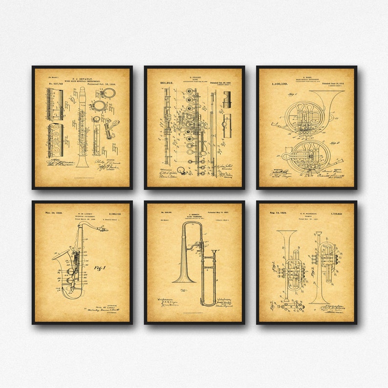 May include: Set of six vintage patent drawings for musical instruments, including a flute, clarinet, french horn, trombone, saxophone, and trumpet. Each drawing is in black and white and features detailed illustrations of the instruments.