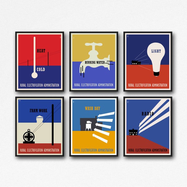 Lester Beall, affiches pour l'administration de l'électrification rurale, lot de 6 affiches