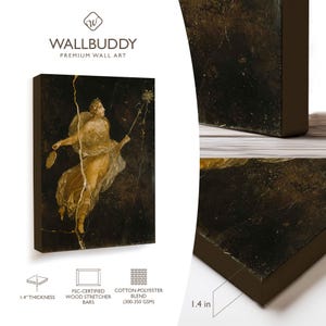 May include: A rectangular canvas wall art print featuring a classical figure in gold and white robes against a dark background, with a 1.4 inch thickness. The Wallbuddy brand logo and text are visible, along with icons for FSC-certified wood bars.
