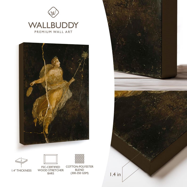 May include: A rectangular canvas wall art print featuring a classical figure in gold and white robes against a dark background, with a 1.4 inch thickness. The Wallbuddy brand logo and text are visible, along with icons for FSC-certified wood bars.