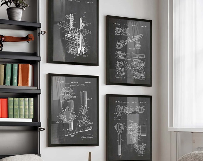 Gear Up Your Workshop with Mechanical Tools Patent Prints - Set of 4 Wall Posters for a Stylish Mechanic's Haven - WB346-439