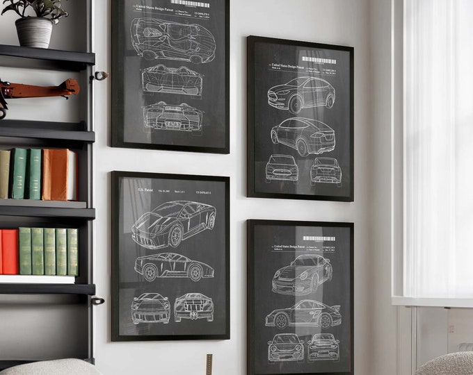 Modern Car Patent Poster Set of 4 - Tesla, Porsche, Lotus, & More - Ultimate Gift for Car Enthusiasts and Racing Art Lovers - WB337-340