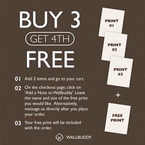 May include: Promotional graphic with text "BUY 3 GET 4TH FREE" on a brown background. Instructions are provided to add items to the cart and leave a note for a free print. Includes four white prints labeled "PRINT #1", "PRINT #2", "PRINT #3", and "FREE PRINT".