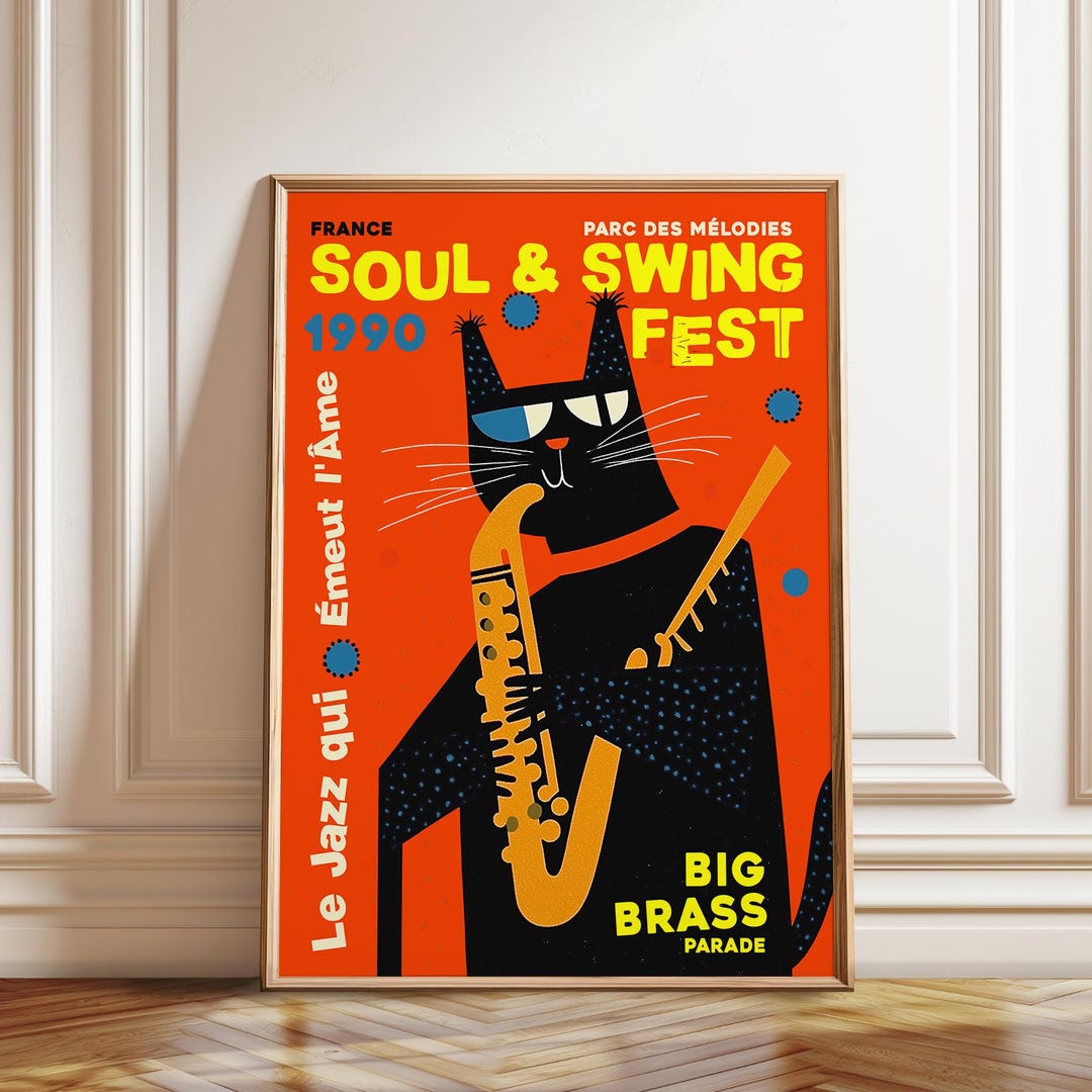 Jazz Cat Saxophone Poster, Retro Soul & Swing Festival Print