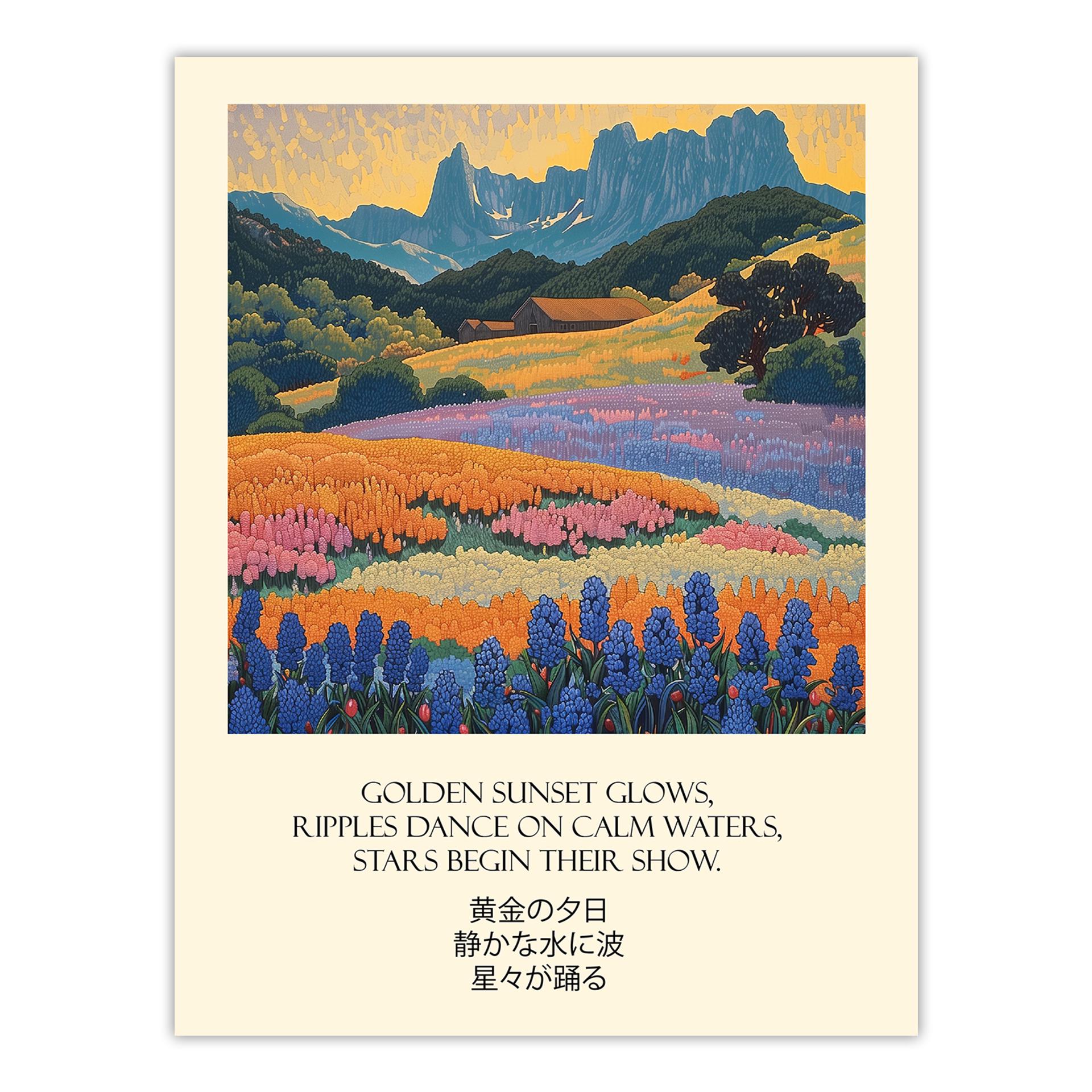 夕暮れの山の風景アートプリント：花畑の夕焼けの装飾 - Etsy 日本