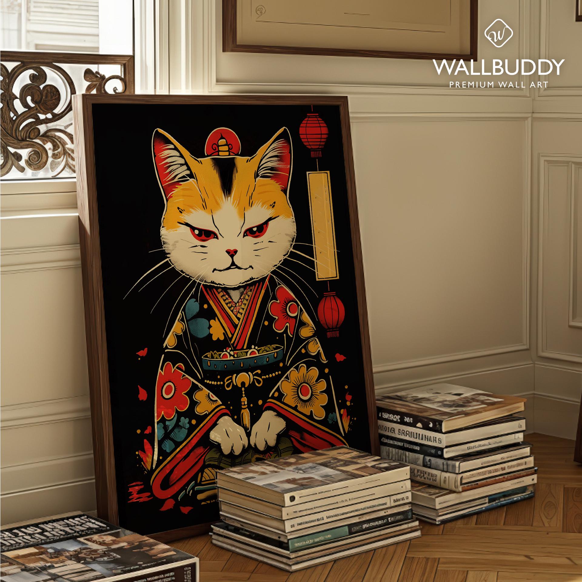 サムライキャットアートプリント - 日本の着物戦士猫イラストポスター