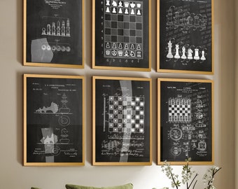 Set of 6 Chess Board Patent Wall Posters - Ideal Chess Wall Decor and Gift for Enthusiasts - Strategic Retro Art Prints for Game Room Decor