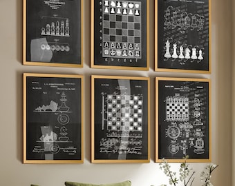 Set of 6 Chess Board Patent Wall Posters - Ideal Chess Wall Decor and Gift for Enthusiasts - Strategic Retro Art Prints for Game Room Decor