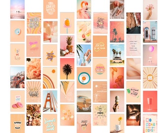 50PCS Peach Beach Picture Wall Collage Kit VSCO Girls Bedroom Decor, Peach Teal Posters/Teen Girl Room Decor Orange Boho Prints Kit (4x6)