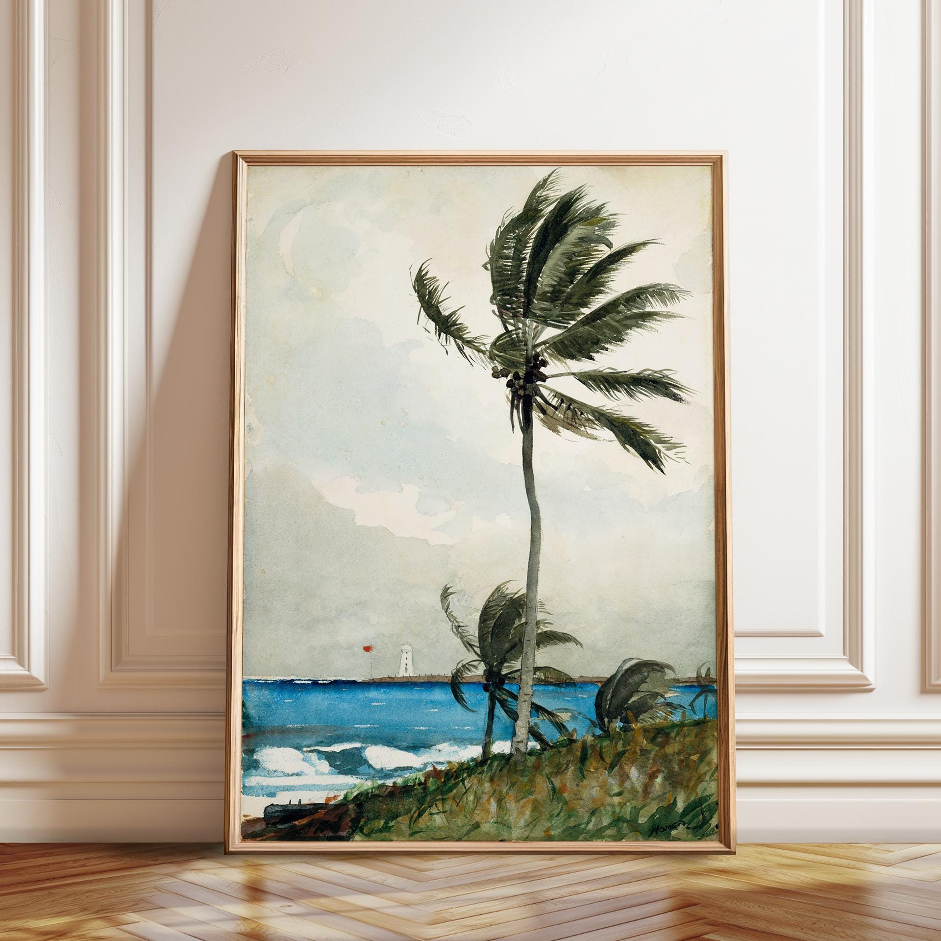 ウィンスロー・ホーマーのヤシの木の版画：ナッソービーチの絵画、海岸