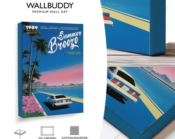 Neon Miami Sunset Poster, Retro 80s Coastal Drive Art Print With