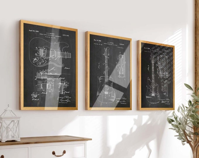 Strum in Style: Set of 3 Guitar Patent Posters - Ideal Wall Art for Musicians and Guitar Enthusiasts - Music Room Decor - WB628-631-633