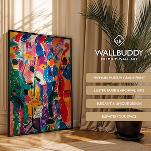 May include: A framed rectangular wall art print featuring a vibrant, abstract expressionist painting of a jazz band with musicians in blue and green suits playing instruments, including a double bass, rendered in bold, colorful brushstrokes.
