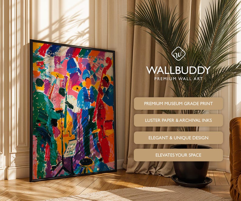 May include: A framed rectangular wall art print featuring a vibrant, abstract expressionist painting of a jazz band with musicians in blue and green suits playing instruments, including a double bass, rendered in bold, colorful brushstrokes.