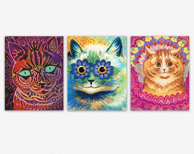 Psychedelic Cat Prints Set of 3 Captivating Cat Portraits by Louis Wain