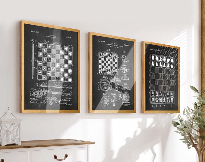 Master the Game: Set of 3 Chess Board Patent Wall Posters - Ideal Chess Wall Decor & Gift for Chess Enthusiasts and Players - WB498-500