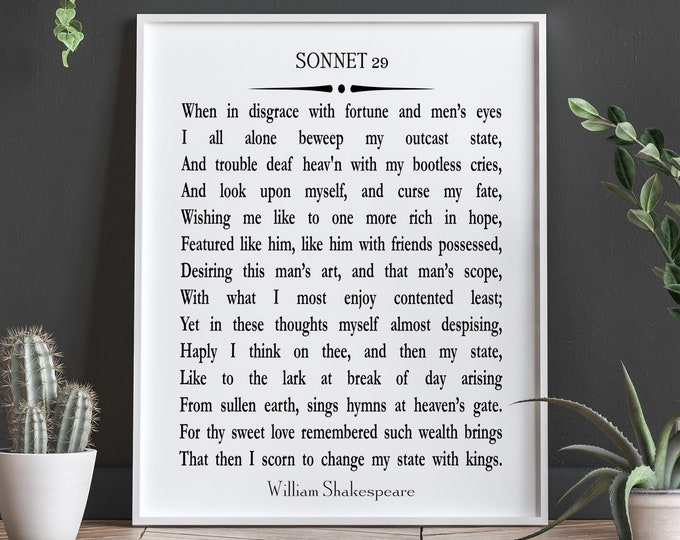 Sonnet 29 by William Shakespeare Poetry Wall Art Poetry Print Poetry Decor Poem Gift for Wife Gift for Girlfriend