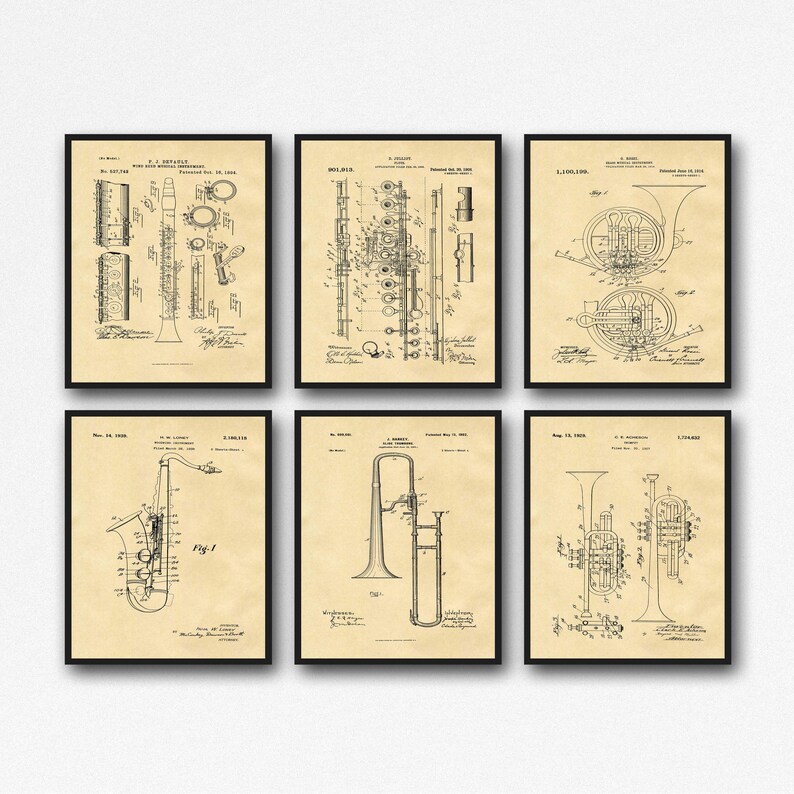 May include: Set of six vintage patent prints featuring different musical instruments, including a clarinet, flute, french horn, saxophone, trombone, and trumpet. Each print features a black and white illustration of the instrument and the patent information, including the patent number, inventor's name, and date.