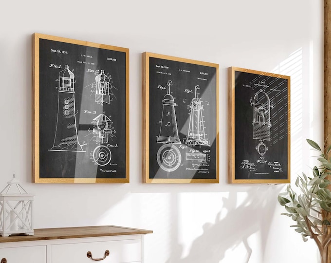 Guiding Lights: Set of 3 Lighthouse Patent Prints - Perfect Nautical Wall Decor and Marine Art for Lighthouse Enthusiasts - WB251-252-253