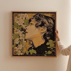 Impresión de retrato femenino Art Nouveau: arte floral francés clásico