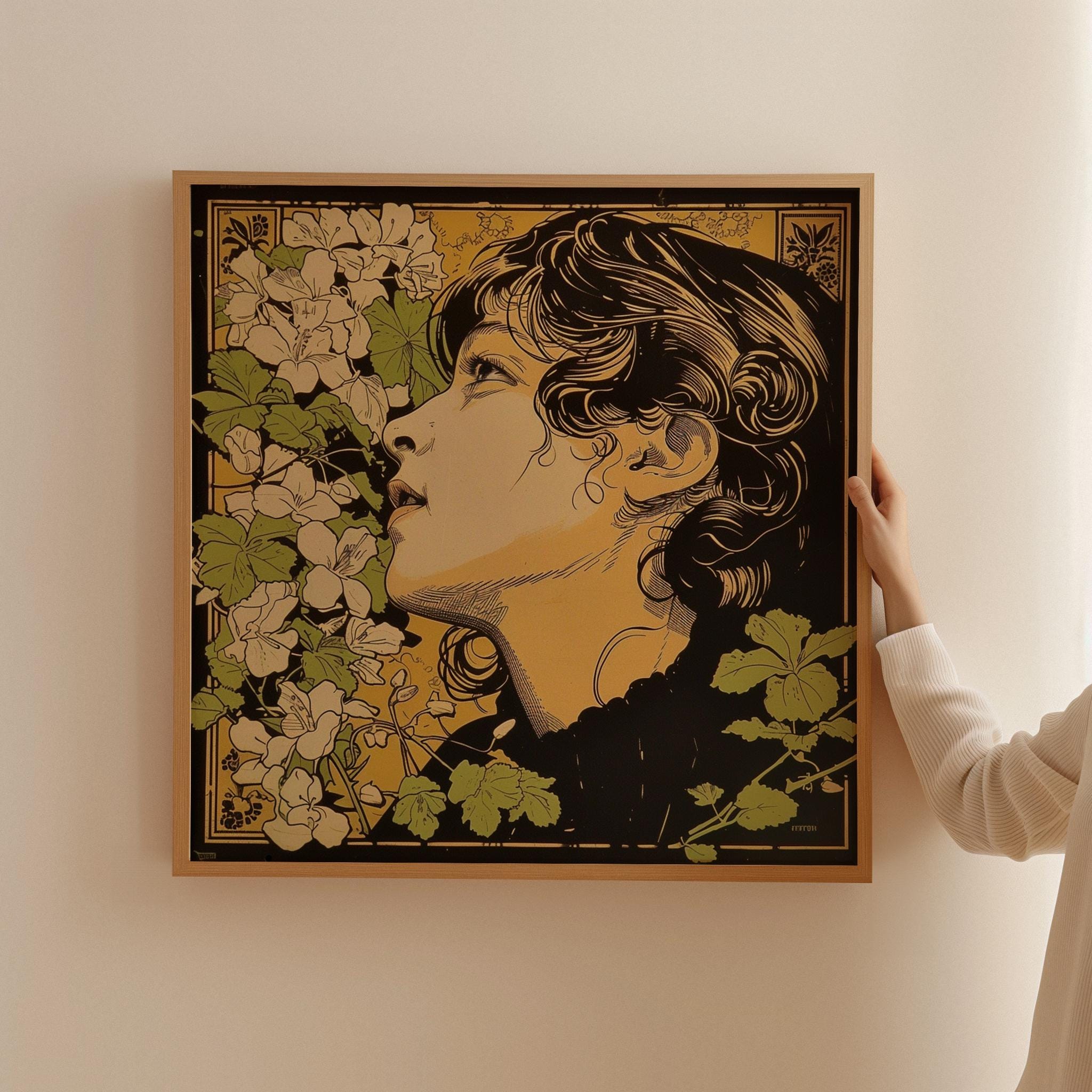アールヌーボー様式の女性肖像画：古典的な花柄のフランス美術 - Etsy 日本