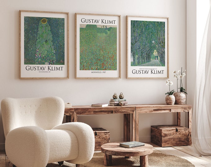 Gustav Kilmt Posters Set of 3 Botanical Paintings Biophilic Wall Art Green Wall Art Botanical Modern Decor