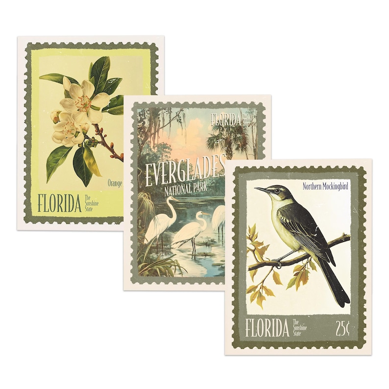 May include: Three vintage-style Florida postage stamps. One features orange blossoms, another the Everglades National Park with white birds, and the third a Northern Mockingbird. Each stamp has a green border and the words "FLORIDA".