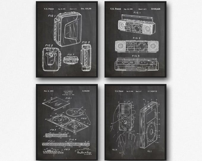 Music Technology Posters Set of Music Posters iPod Patent Compact Disc Patent Walkman Patent Boom Box Patent Music Evolution Print WB154