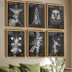 Space Tech Satellite Patent Art Prints: Aerospace Blueprint Decor Set of 6
