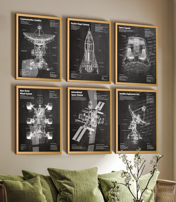 Space Tech Satellite Patent Art Prints: Aerospace Blueprint Decor Set of 6