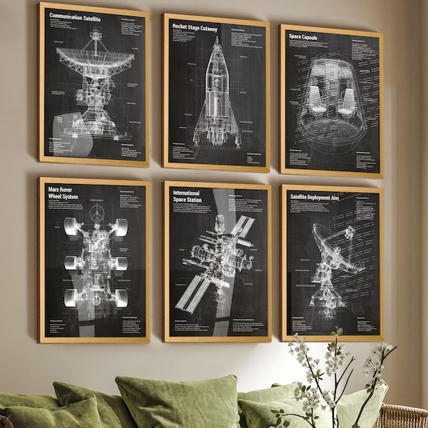 Space Tech Satellite Patent Art Prints: Aerospace Blueprint Decor Set of 6