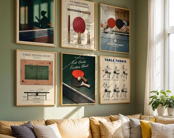 May include: A gallery wall of six framed posters featuring table tennis themes, including a patent drawing of a racket, a court diagram, instructional technique illustrations, and photographic prints of paddles and balls on a green wall.