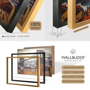 May include: A wall art set featuring a Brooklyn Bridge print with a solid wood frame, plexiglass, and back board. The frame is available in black or oak, with a 0.9 inch depth for black and 0.6 inch depth for oak. The Wallbuddy brand logo is visible.