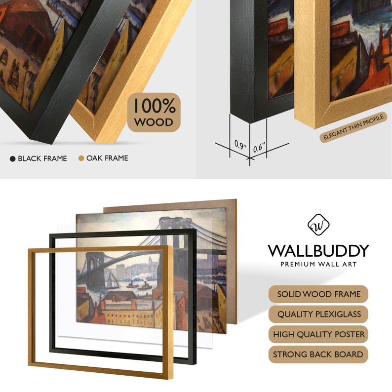 May include: A wall art set featuring a Brooklyn Bridge print with a solid wood frame, plexiglass, and back board. The frame is available in black or oak, with a 0.9 inch depth for black and 0.6 inch depth for oak. The Wallbuddy brand logo is visible.