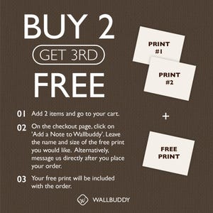 May include: A dark brown promotional graphic with white text reading BUY 2 GET 3RD FREE. It includes three white rectangular cards labeled PRINT #1, PRINT #2, and FREE PRINT, along with numbered instructions for adding items to the cart and checkout.