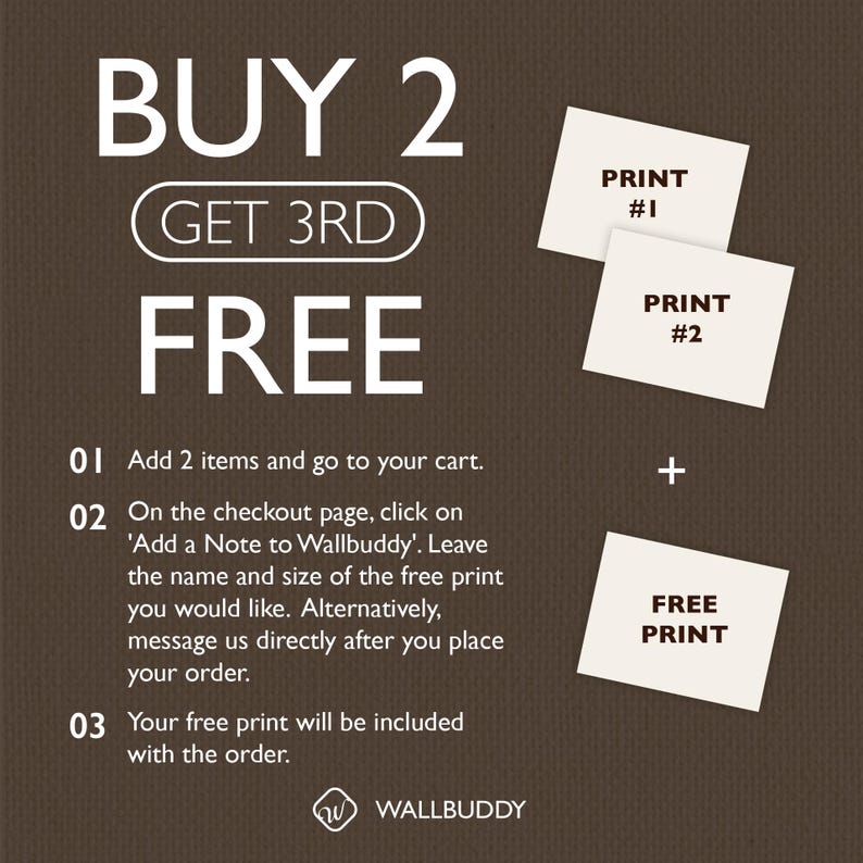 May include: A dark brown promotional graphic with white text reading BUY 2 GET 3RD FREE. It includes three white rectangular cards labeled PRINT #1, PRINT #2, and FREE PRINT, along with numbered instructions for adding items to the cart and checkout.