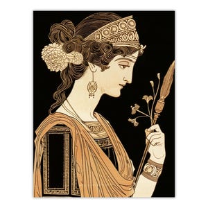 May include: A black and cream-colored print featuring a profile view of a figure with elaborate hair, a decorative headband, and dangling earrings. The figure wears a draped garment with geometric patterns and holds a long, thin, pointed staff.