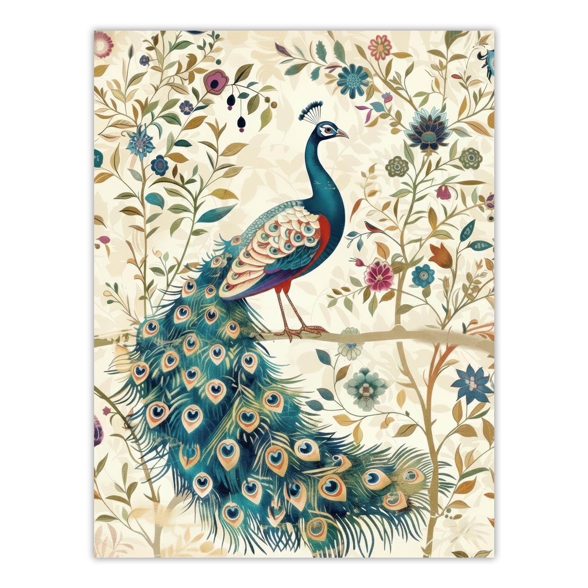 インド孔雀のアートプリント：植物の鳥のイラスト、華やかな壁飾り