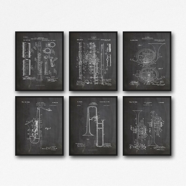 May include: Set of six vintage black and white patent drawings of musical instruments. The instruments include a clarinet, flute, french horn, saxophone, trombone, and trumpet. Each drawing features the instrument's design and technical details.