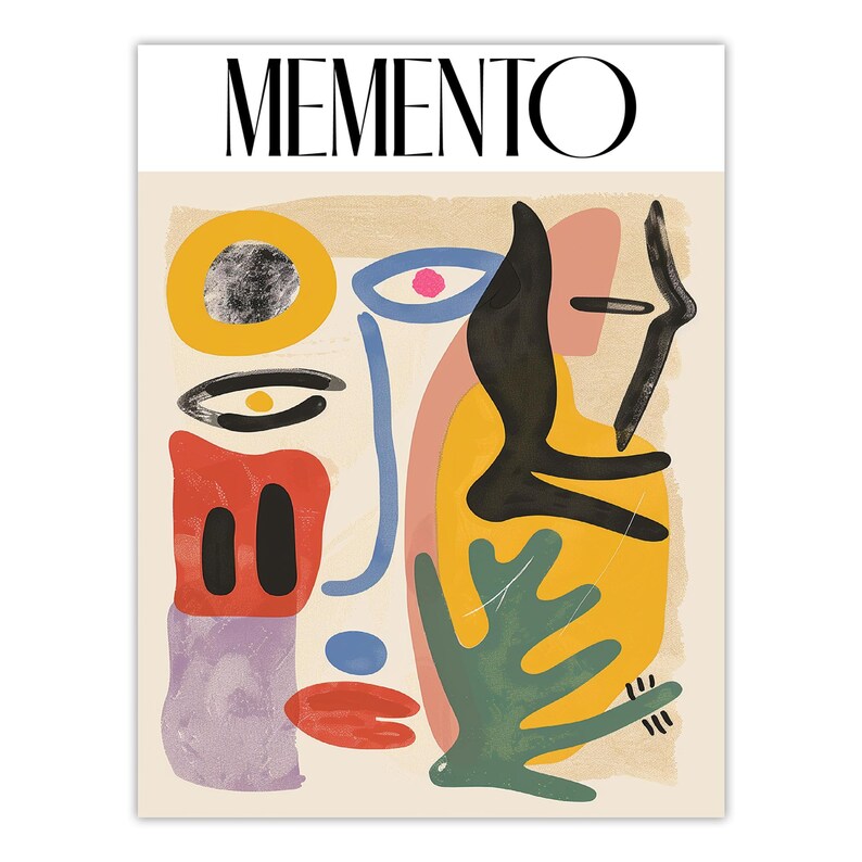 May include: A rectangular wall art print featuring the word MEMENTO in black capital letters at the top. The artwork displays an abstract composition of organic shapes in yellow, red, black, blue, green, and lavender on a beige background.