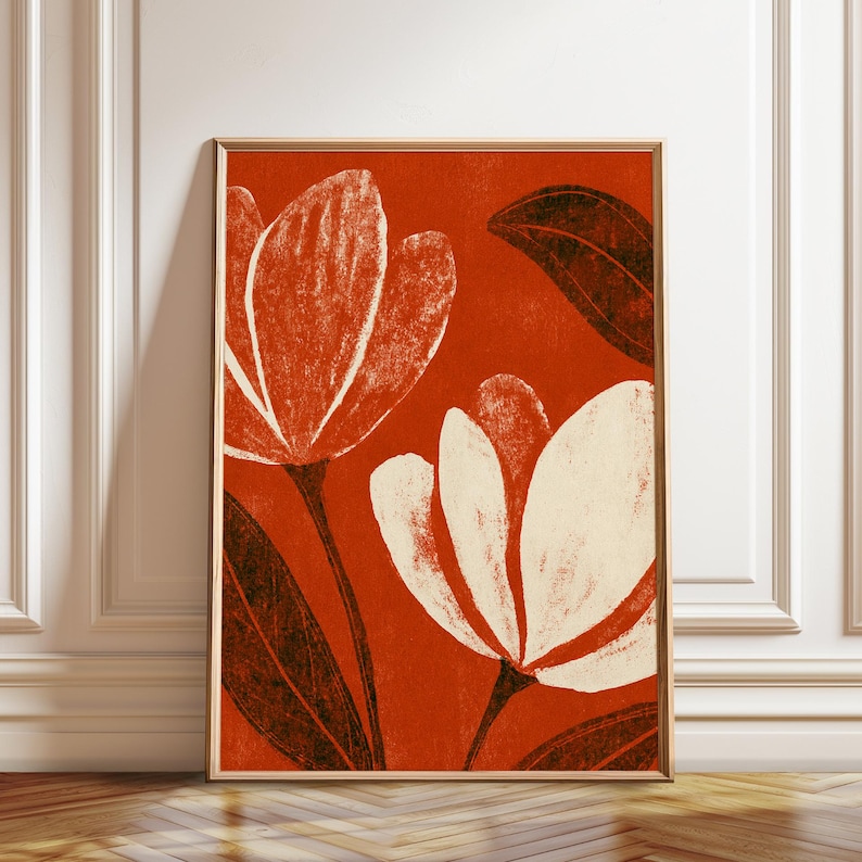 Red Magnolia Wall Art | Cream Botanical Blooms | Retro Floral Decor - Etsy