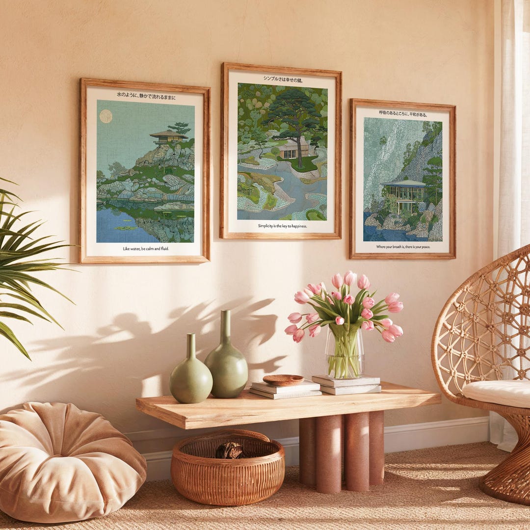 Japanese Zen Garden Art Print Set: Calming Asian Landscape Wall Decor ...